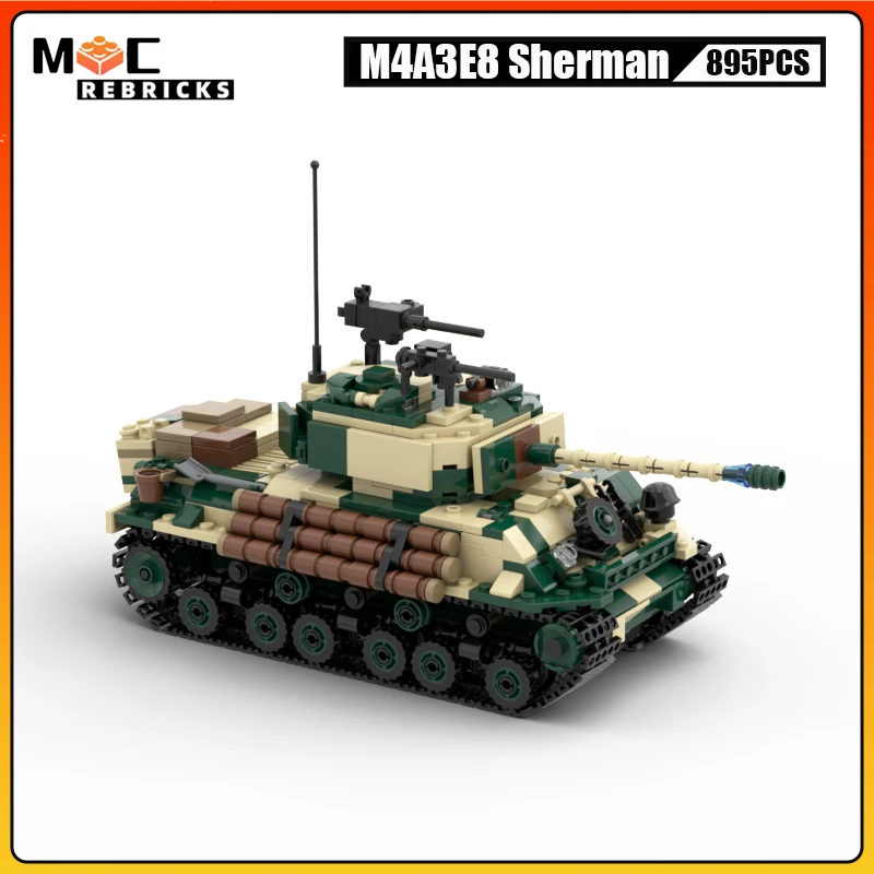 Фото Армейский танк времен Второй мировой войны M4A3E8 Sherman MOC, строительные блоки, военное оружие, трек, бронеавтомобиль, модель головоломки, кирпичи, игрушки, подарки для детей №5