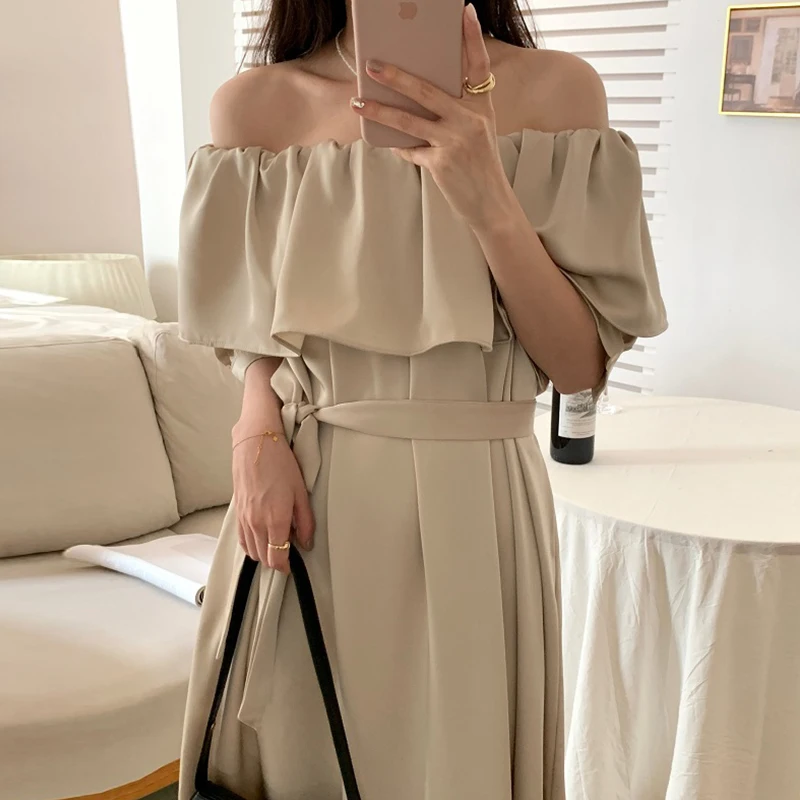 

SuperAen 2022 Summer Solid Slash Neck Patchwork Ruffled Lace Waist Satin Long Split Dress Women