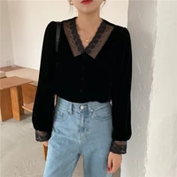 women long sleeve t shirts korean style stitching lace velvet black 2021 fall winter vintage v neck tops hollow out sexy female