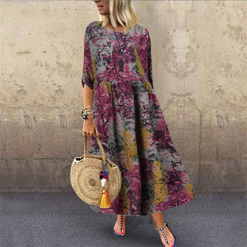 

Vintage Floral Casual Women Long Dress Fashion Half Sleeve Elegant Lady Maxi Dress 2022 New Autumn Loose A-Line Dress Vestidos