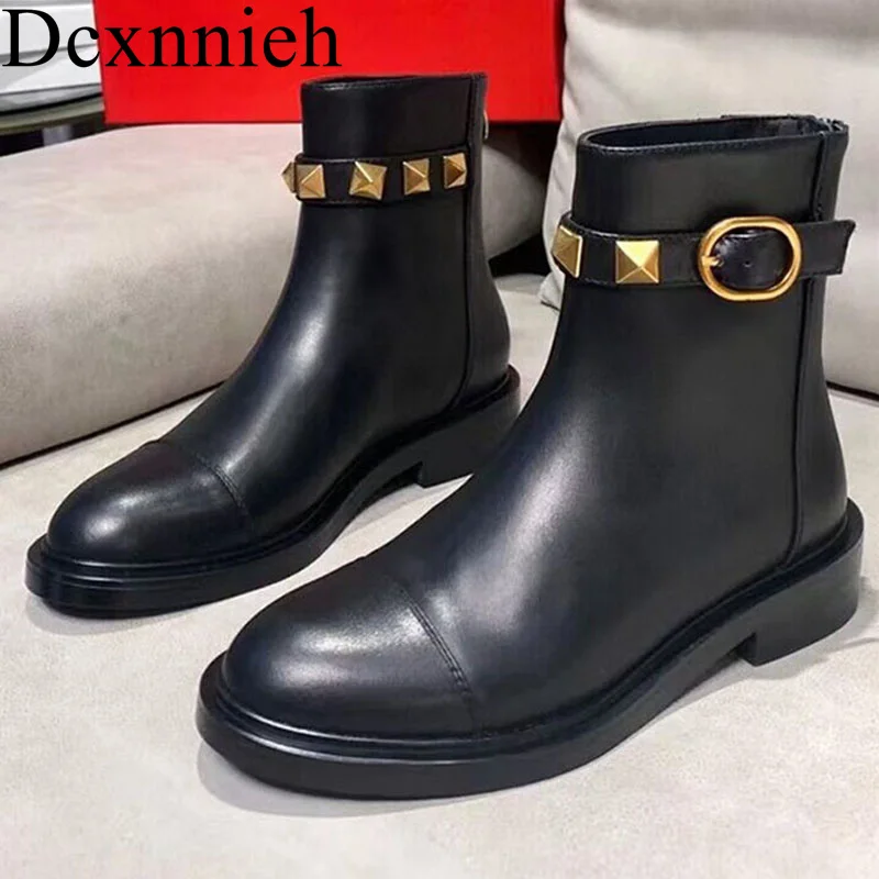 

Женские универсальные Нескользящие полусапожки, повседневные ботильоны из натуральной кожи с заклепками и пряжкой, весна-осень