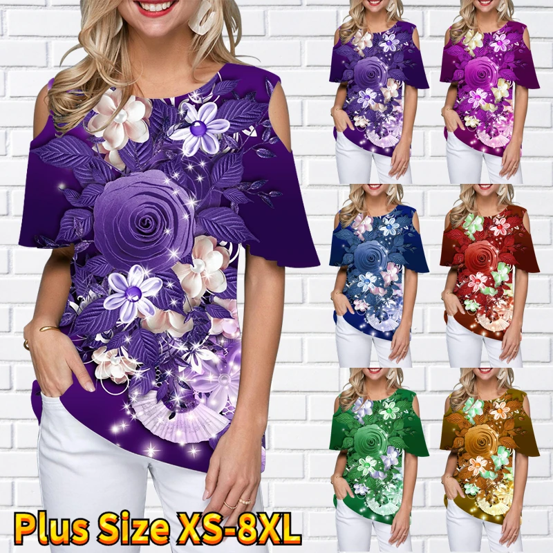 

2023 Summer Short Sleeve Women's New Design Printing Oversized Sexy New Off-the-shoulder Pullover T-shirt Top Round Neck XS-8XL