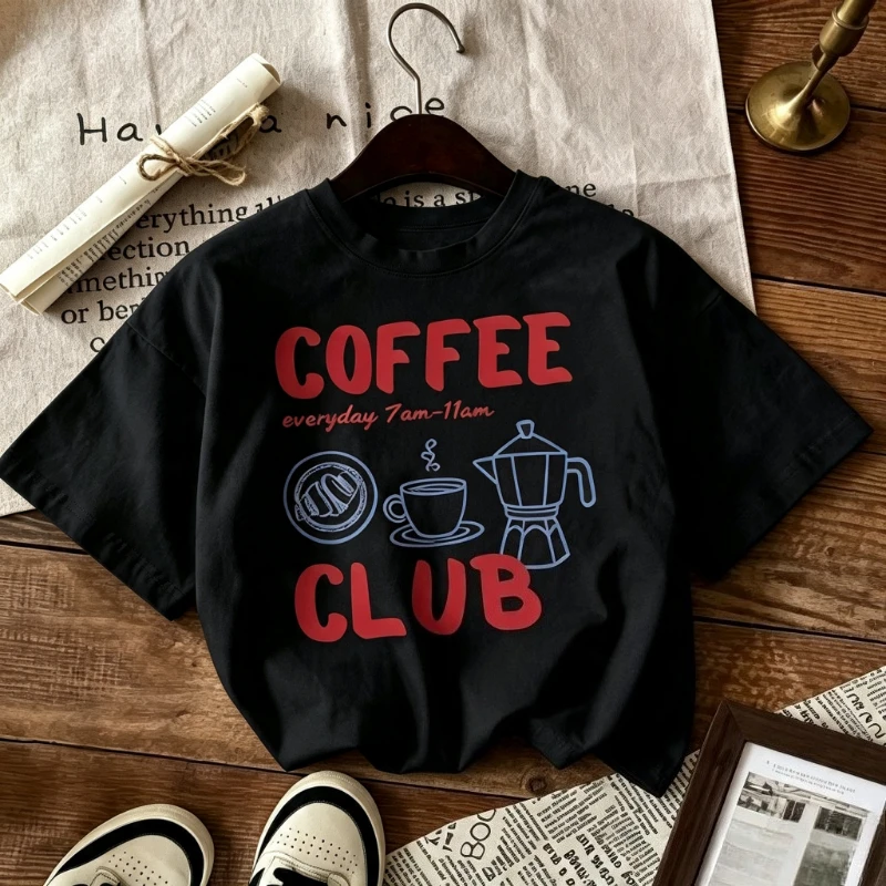 Фото Топы в стиле Y2K, креативные футболки с принтом Coffee Club Everyday 7Am 11Amprint, женские футболки, универсальные женские футболки, повседневный топ с круглым вырезом, летний топ №4