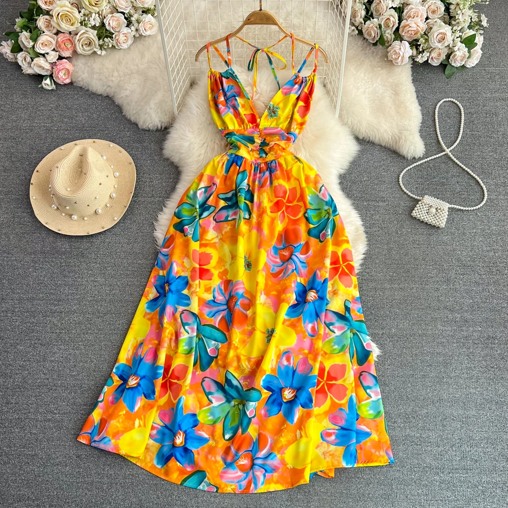 

Vintage Floral Halter Bandage Slip Dress Elegant Backless Fairycore Dress Sexy A-line Vestidos Summer Women Beach Vacation Robe