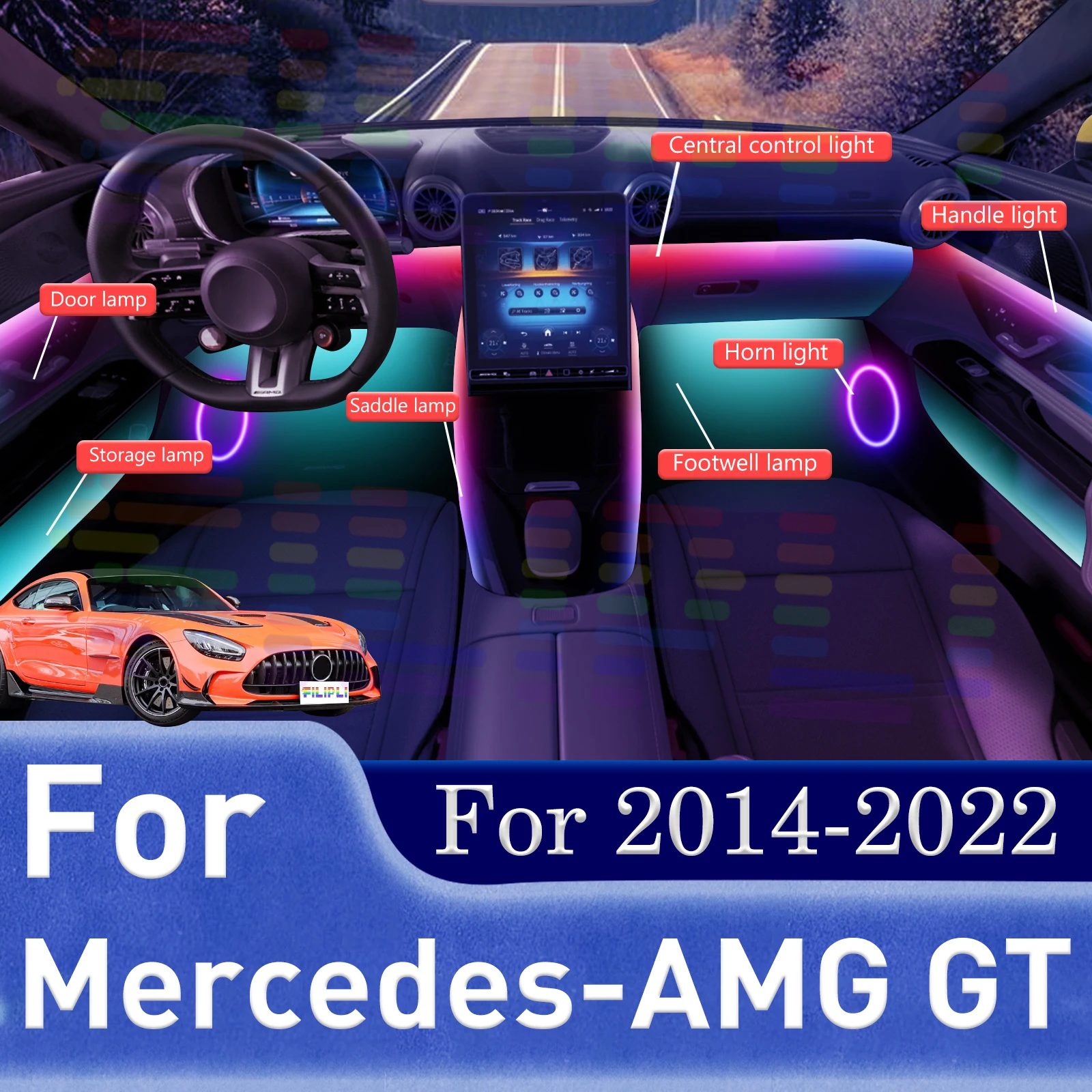 Фото 18-в-1 светодиодные лампы для Mercedes-AMG GT C190 R190, цветная атмосферная подсветка, неоновые полосы для салона автомобиля, 64 RGB-цвета №1