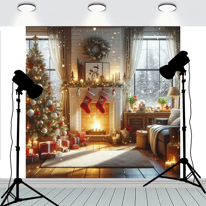 Christmas Door Wreath Decoration Front Window Pink Flowers Background Firework Show Happy New Year Photography Backdrops MR-03