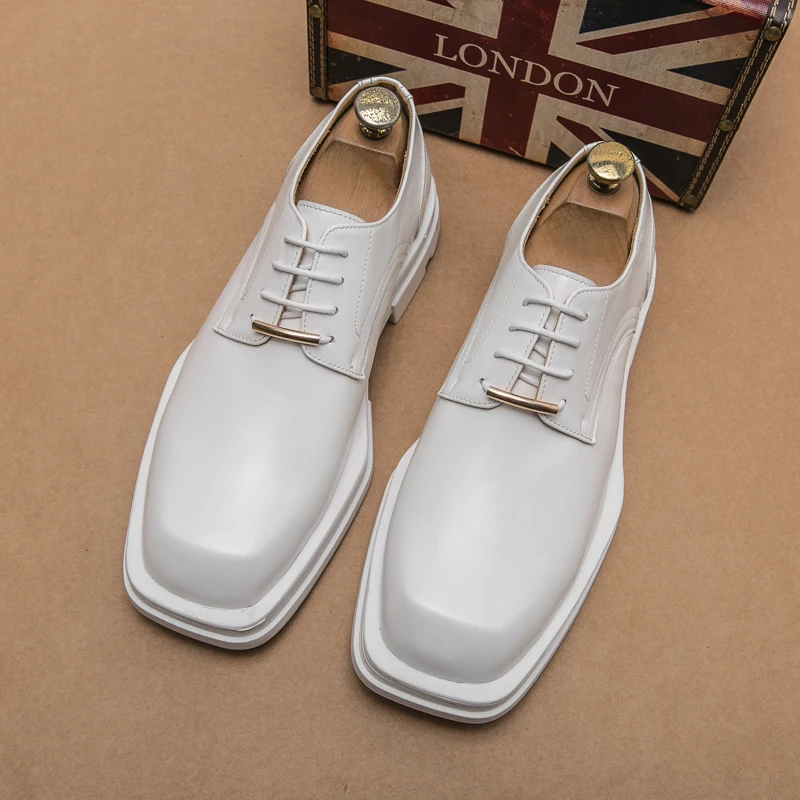 White Wedding Shoes Men’s Retro Derby Shoes Thick Sole Square Head Fashion Patent Leather Luxury Business Men’s Leather Shoes White Wedding Shoes Men’s Retro Derby Shoes Thick Sole Square Head Fashion Patent Leather Luxury Business Men’s Leather Shoes