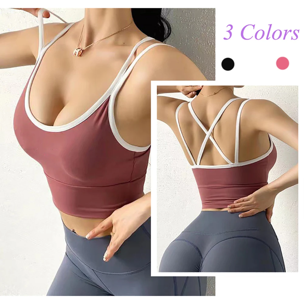 

Summer Women Sports Bra With Chest Pad Outer Wear Yoga Fitness Leisure Vest Bottoming Bralette Shockproof Suspenders Crop Top