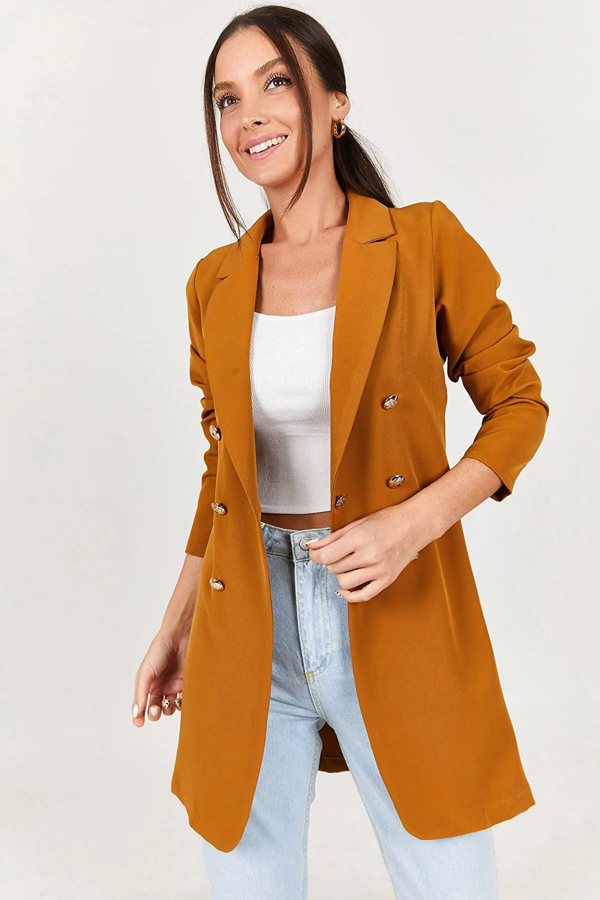 Women Blazer 2023 New Professional OL Solid Color Blazer for Women Casual Double Breasted Mid Length Jacket