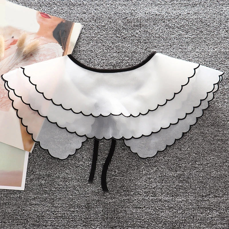 

M2EA Double Layer Organza False Fake Collar Shawl Wrap Black Trim Decorative Necklace Lapel Blouse Elegant Lace-Up Bowknot Short