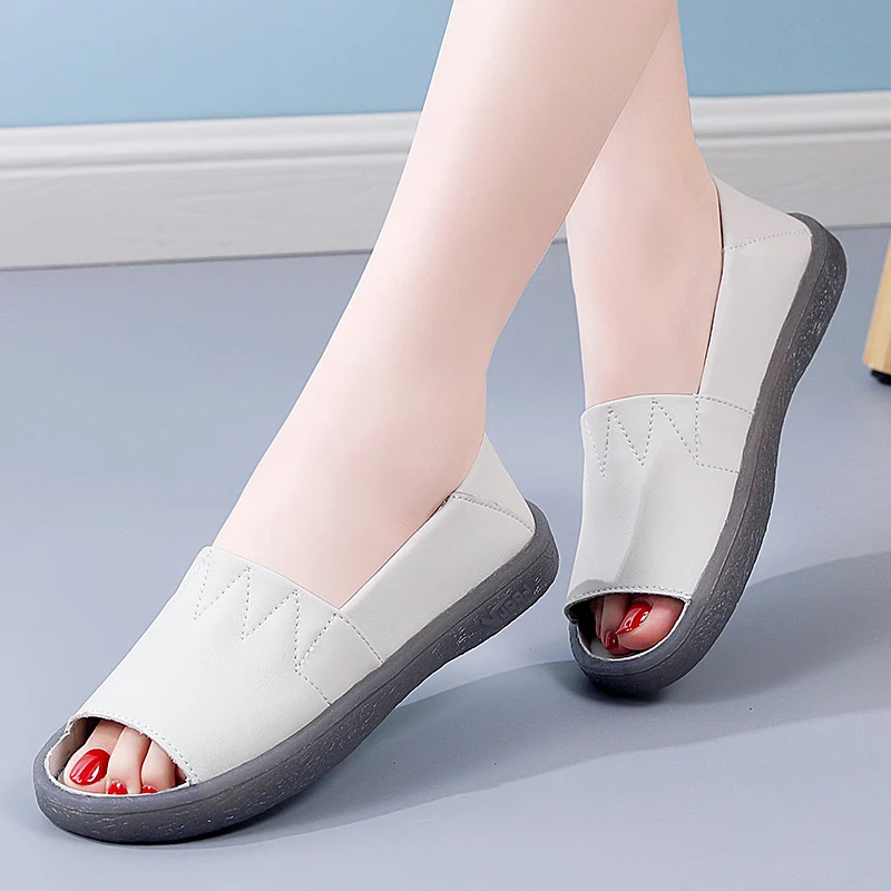 New Summer Sandals For Women Real Leather Slip On Peep Toe Soft Fish Mouth Loafers Confortable Ladies White Shoes Large Size 41