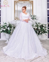 plus size wedding dress 2022 glitters bling sparkly ball gown 34 three quarter sleeves v neck bridal gown formal women muslim