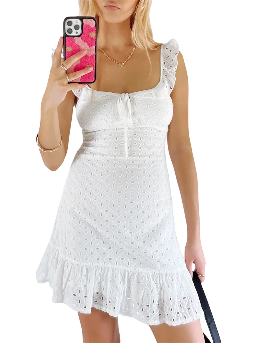 

Womens Y2k Lace Mini Dress Short Sleeve Hollow-Out Eyelet Backless Dress Summer Slim Fit A Line Going Out Dresses