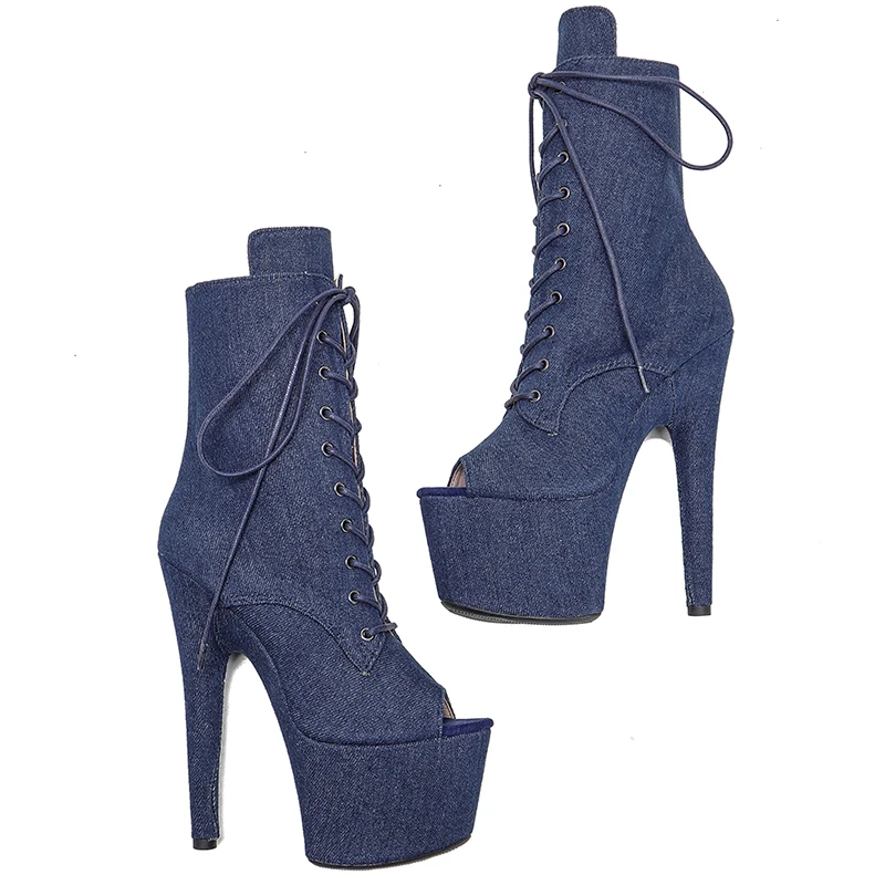 Leecabe Matt PU 17CM/7inches denim PU Pole dancing shoes High Heel platform Boots Pole Dance boot