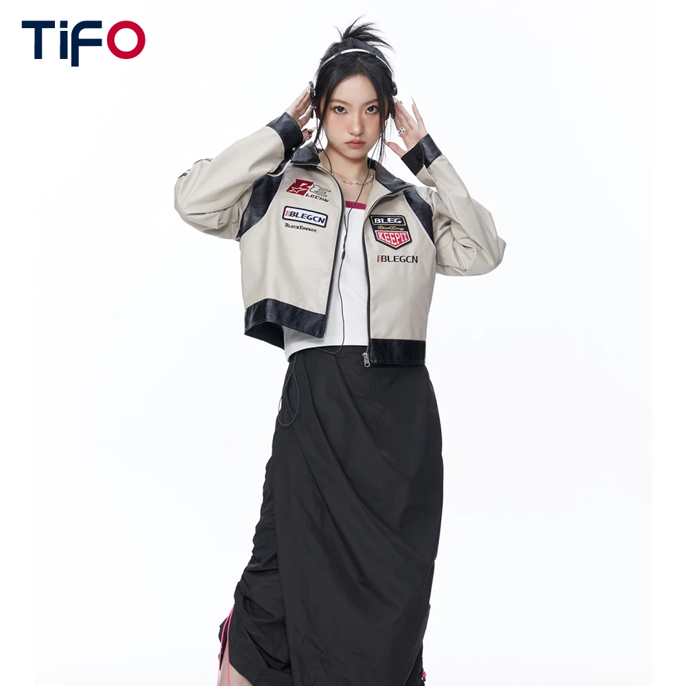

Letter Embroidery Pu Leather Jacket Women Streetwear Color Block Stand Collar Casual Zipper Outerwear