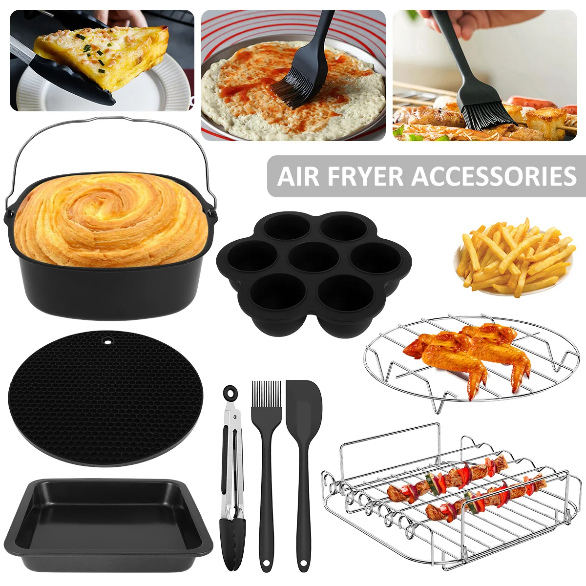 

9 Pcs Air Fryer Accessories Set Square Air Fryer Accessories with Cake and Pizza Pan 304 Stainless Steel Skewer Rack Oil Brush