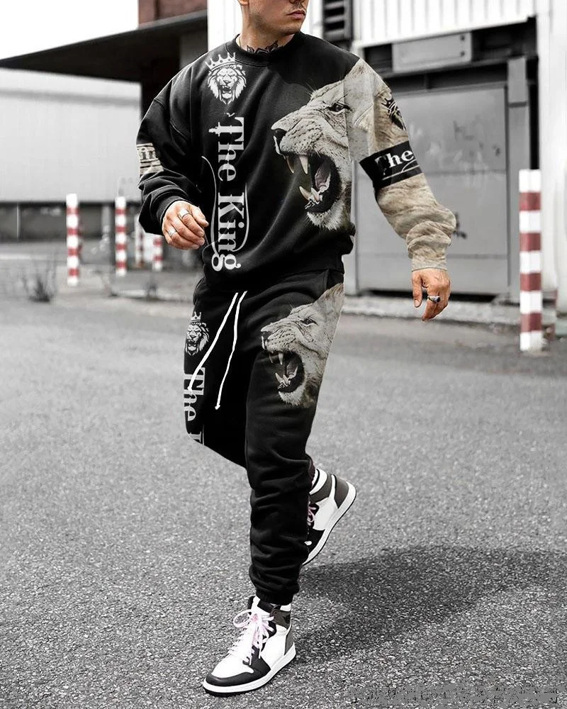 

Fashion Ice Silk Summer Streetwear 3d Print Lion Tiger Long Sleeve Man Sportswear Tracksuit Set Men 2 Piece Men's Clothing Suit