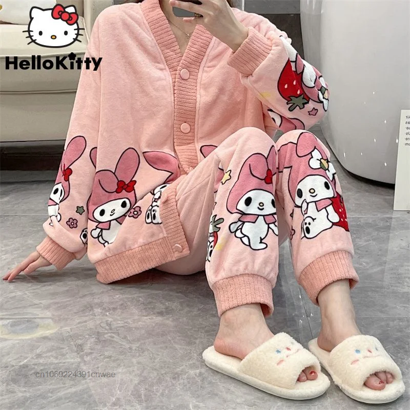 

Sanrio My Melody Kawaii плюшевая Пижама Y2k девушка зимняя Коралловая бархатная теплая Пижама для женщин принцесса розовый мультфильм фланелевый дома...