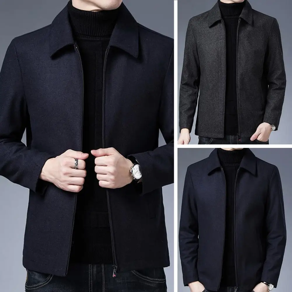 

Solid Color Jacket Mid-aged Men's Thick Thermal Coat with Lapel Zipper Closure Pockets Stylish Winter Jacket for Fathers Men