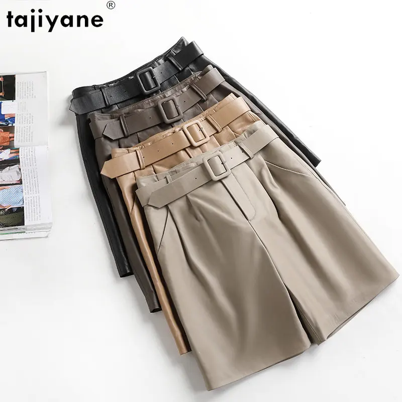 Tajiyane Winter Clothes Women Fashion Korean Wide Leg Pants Belt Leather Pants Women Knee Length Trousers Black Pants for Women