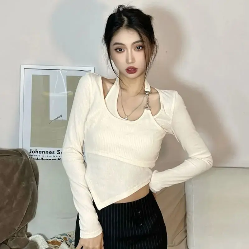 

Deeptown Fake Two Pieces Halter Beige Crop Tops Women Korean Fashion Irregular Black Long Sleeve Tees Y2k Chain Slim T-shirts