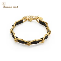 black leather rope chain with titanium steel 18k gold plated bracelet lovers bracelet bracelet for men and female gift
