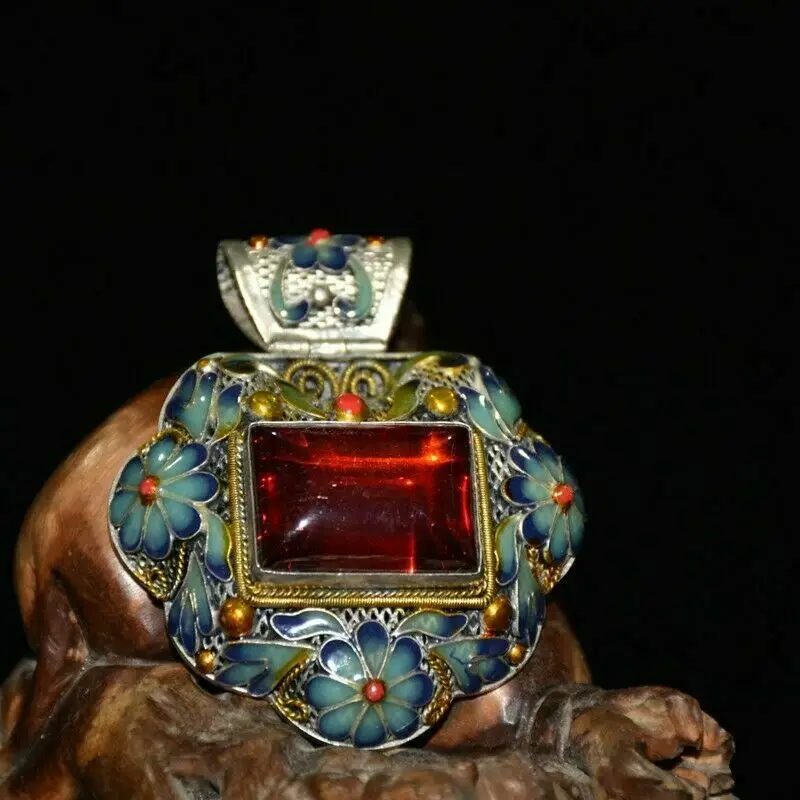 

Old Chinese tibet silver Cloisonne Enamel inlay red Zircon handmade Pendant