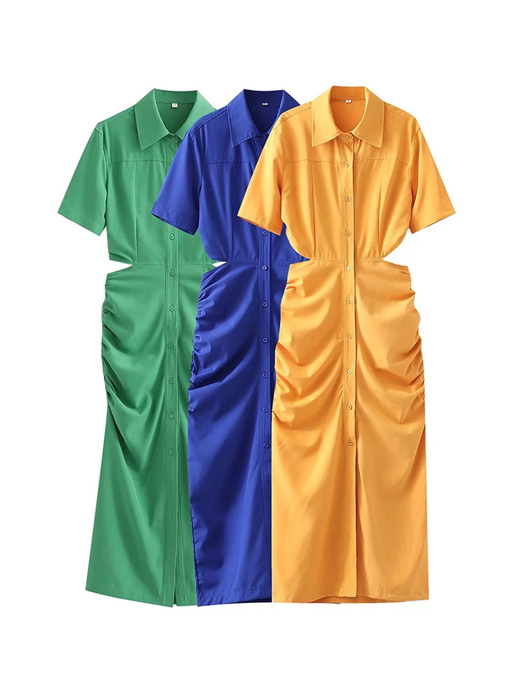 

Women 2022 Spring New Chic Fashion Hollow Out Show Waist Shirt Style Dress Vintage Short Sleeve Female Dresses Vestidos Mujer
