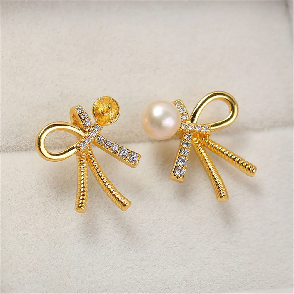 

S925 Silver Needle, Domestic 14k Gold Wrapped Bow Tie, Zircon Pearl Earrings, DIY Earrings, Empty Holder, Cute Girl