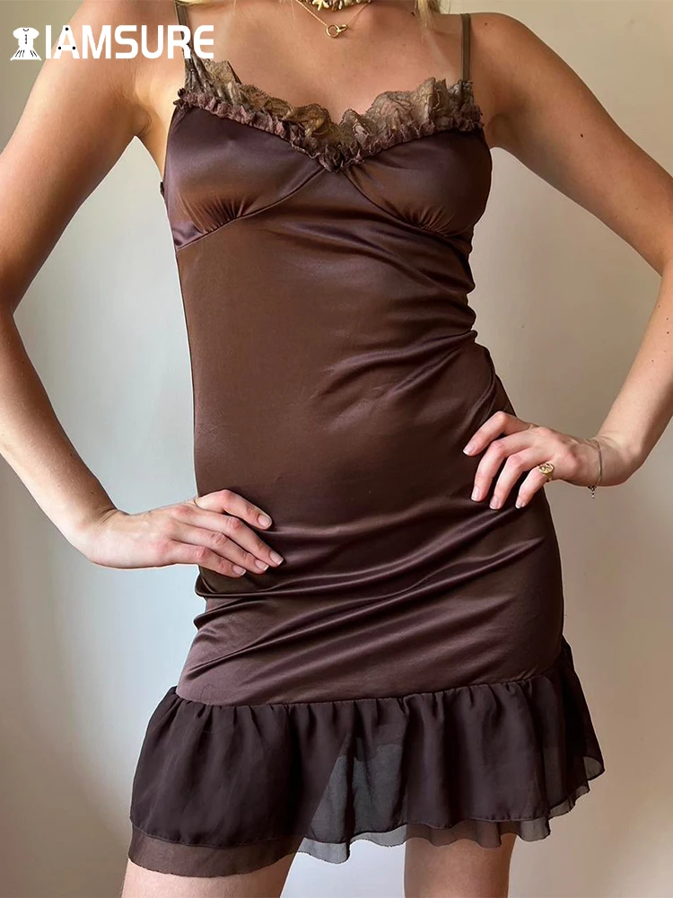 

IAMSURE Slim Solid Satin Patchwork Mesh Dress Sexy V-Neck Sleeveless Mini Dresses For Women 2023 Summer Fashion Ladies Sleepwear