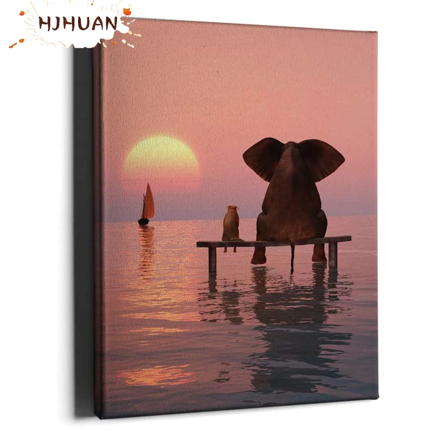 

DIY Elephant watching the sunset Diamond Painting Kit Full Drill Square Embroidery Mosaic Art Picture of Rhinestones Decor Gift