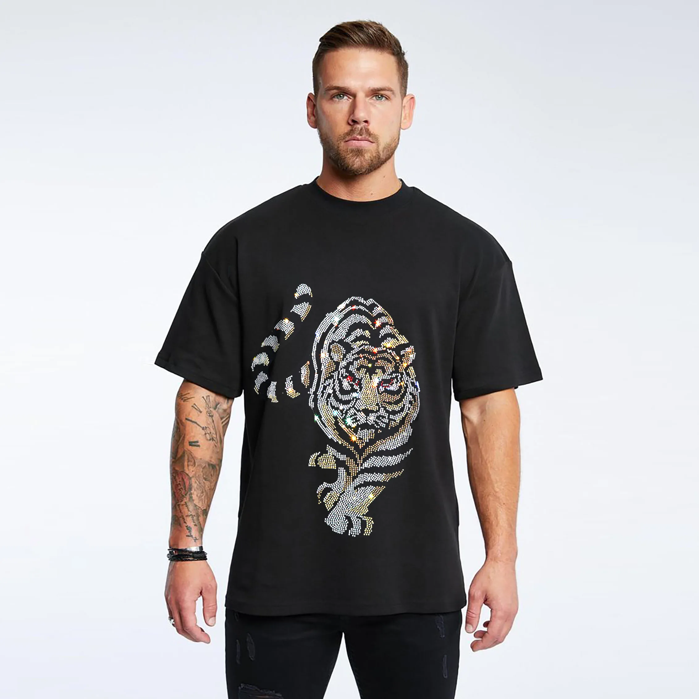 

Новинка, Мужская футболка NUOYI много с коротким рукавом и принтом тигра, популярная рубашка с цветным алмазным принтом, футболка с круглым вы...