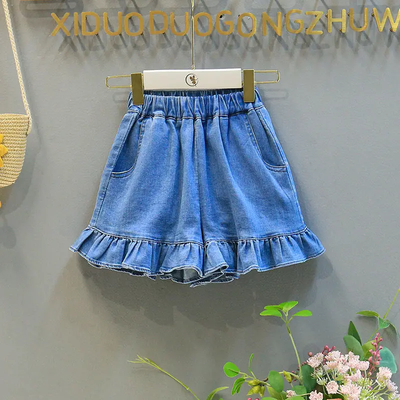 

Kids Girls Denim Shorts Ruffle Skirt Pants 2022 New Arrival Children Casual Wide Leg Pants Teenage Girl Jean Shorts Korean Style