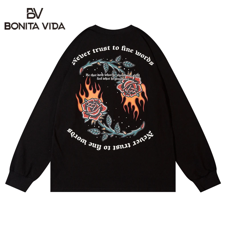 

Flame Rose Letter Long Sleeve Tshirt Men 2022 Fashion Streetwear Hip Hop Vintage High Street Men Harajuku Cotton Top Tee