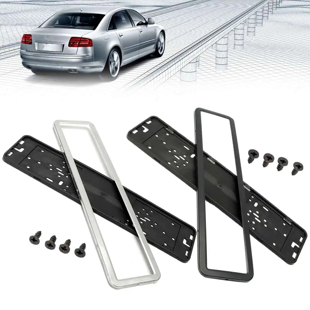 

Set of Stainless Steel European / German / Russian 8K Car License Plate Frame Number plate Holder