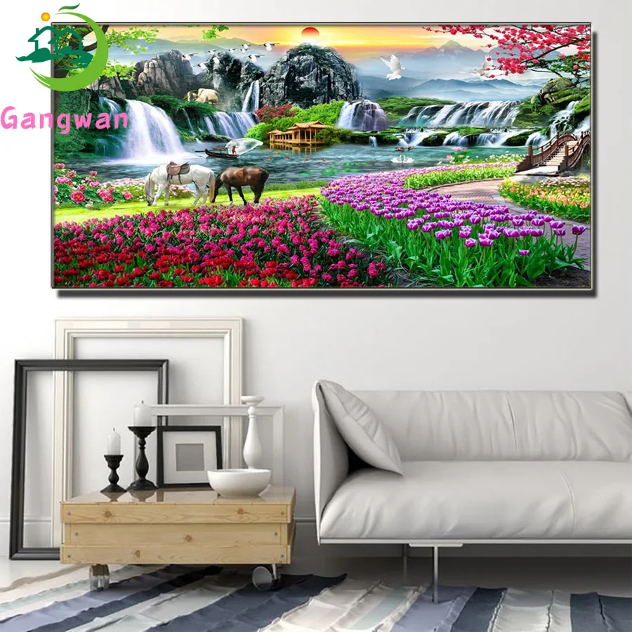 

5D DIY Diamond Embroidery Tulip Horse Mountain Landscape Mosaic Feng shui Flower Natural Scenery Diamond Painting Large home art