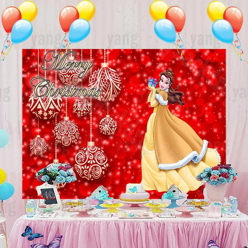 Lovely Disney Princess Beauty and the Beast Belle Photo Backdrop Romantic Merry Christmas Party Rad Dots Backgrounds Decoration enlarge
