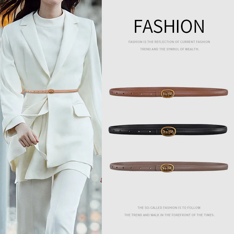 Belts Dress Simple Versatile Fashion Women Leather Belts Thin Skinny Metal Buckle Waistband  Dress Vintage Genuine Leather Belt