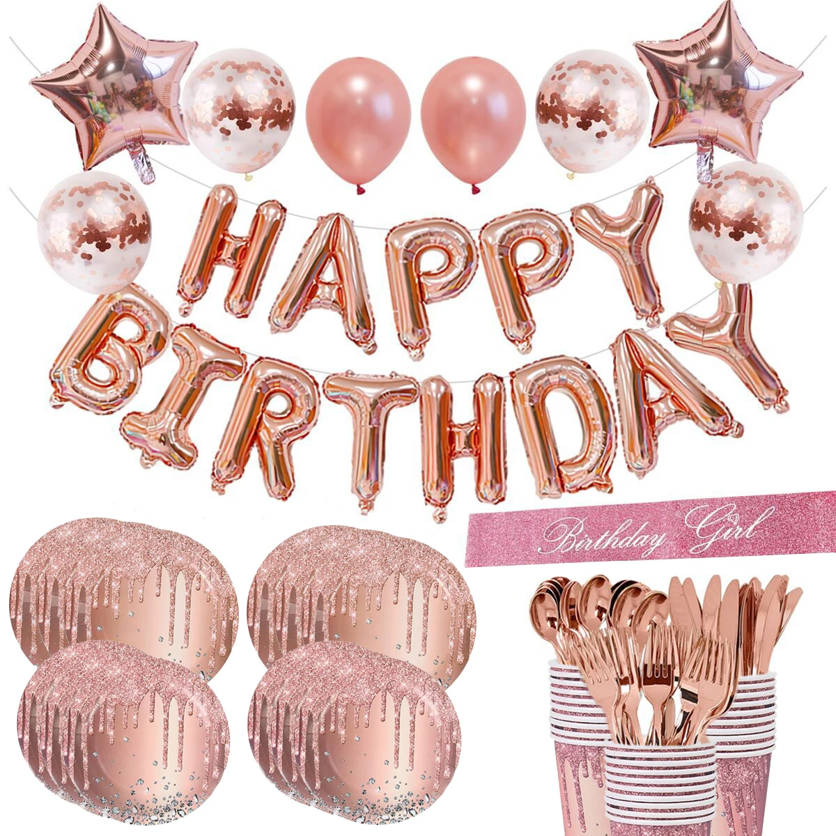 

Декорации с днем рождения Girls шар цвета розового золота одноразовая посуда Baby Shower, украшения для первого дня рождения