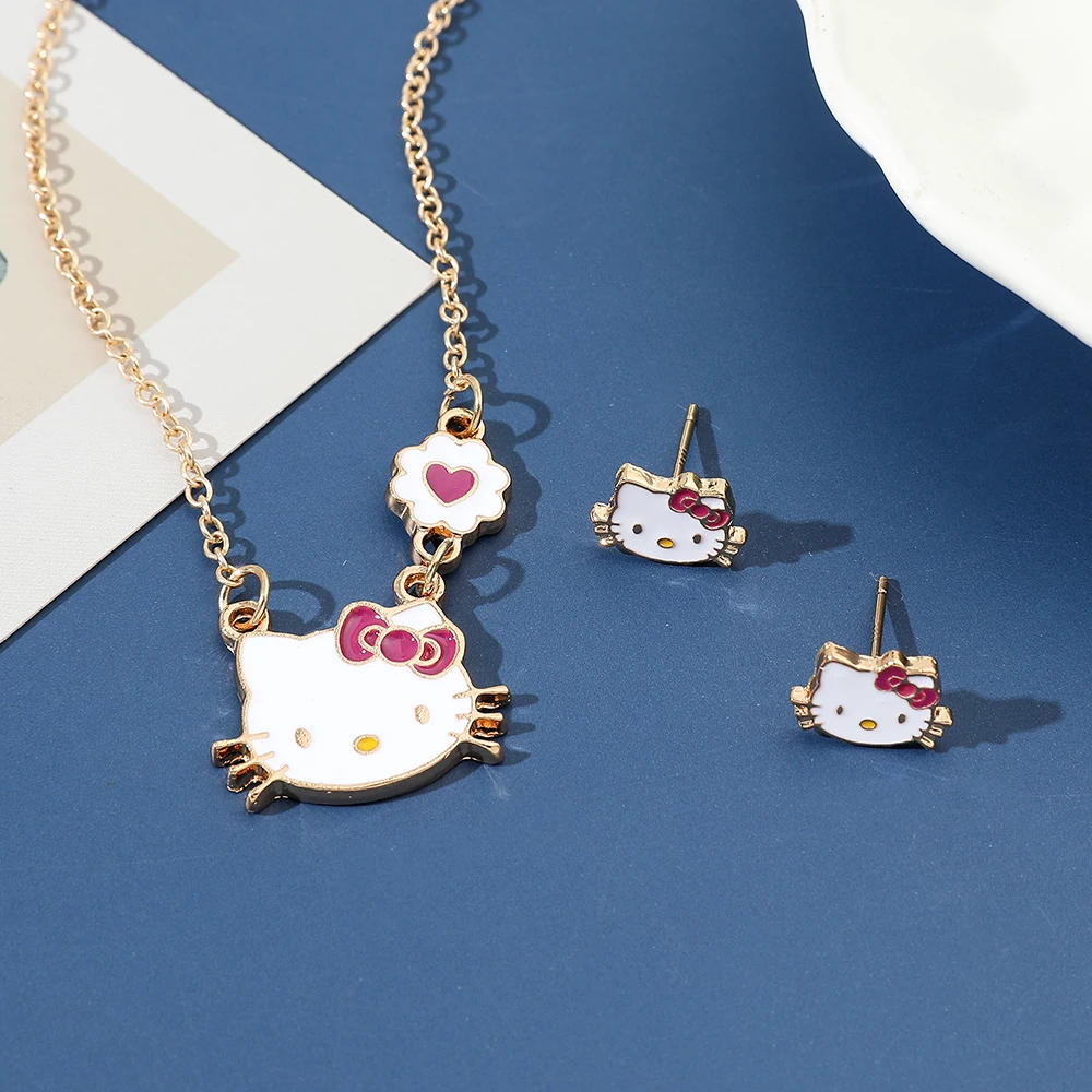 

Kawaii Hello Kitty Necklace and Earrings Set Sanrio KT Cat Pendant Necklace for Women Fashion Y2k Jewelry Accessories Trinkets