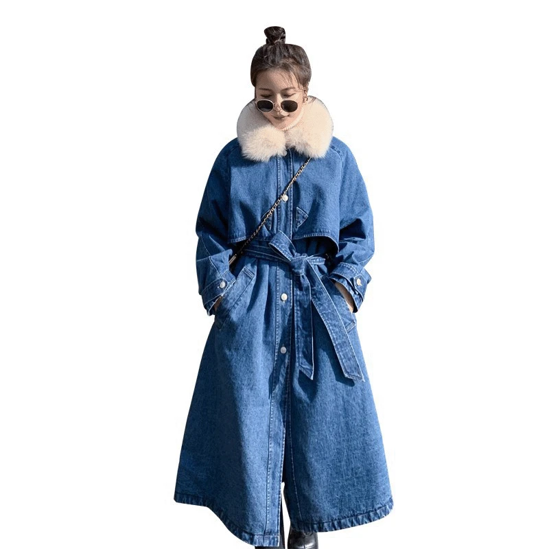 Loose and Thickened Pie Overcomes Medium length Denim Plush Coat Women