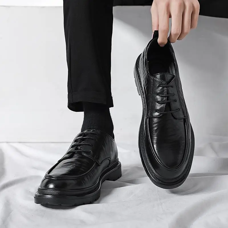 

Leather Shoes Men's Leather Soft Bottom Soft Leather New Shoes Height Increasing Insole Large Size Men's Casual Shoes Black Busi