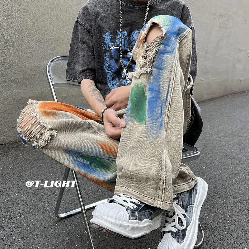 Summer Hole Graffiti Jeans Men's Fashion Casual Straight Jeans Mens Streetwear Hip Hop Loose Ripped Denim Trousers Men M-3XL