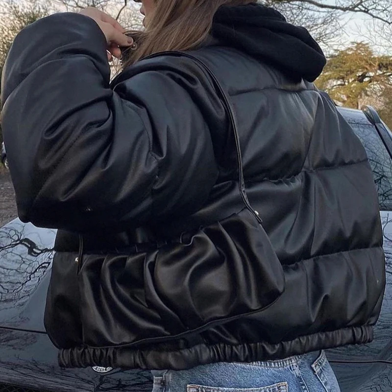 Faux Leather Winter High Neck Quilted Coats High Street High Neck Button Up Crop Jacket Black Bomber Streetwear Parkas
