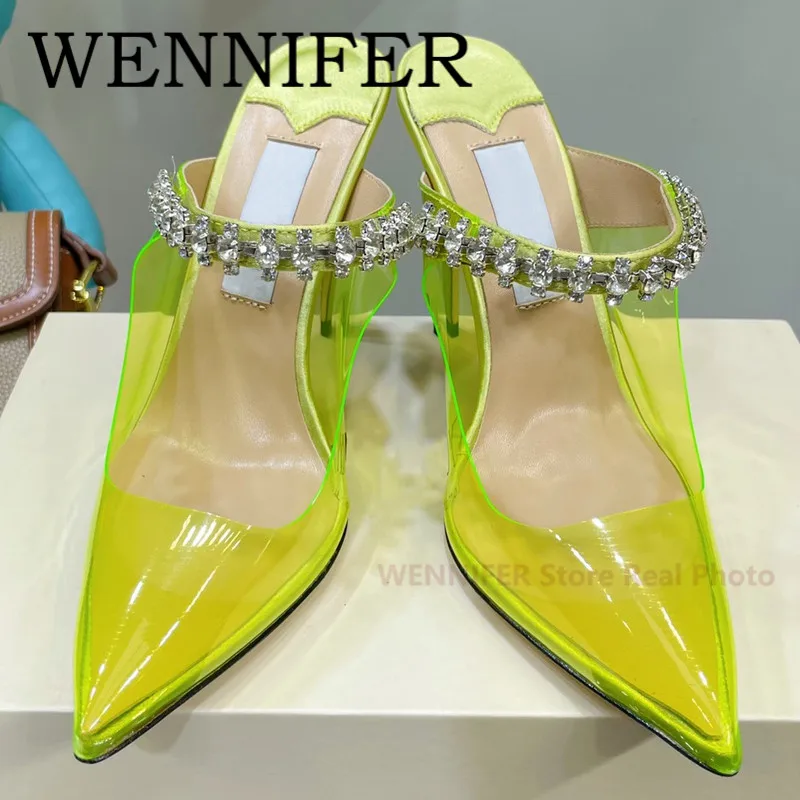 Neon Yellow Bing Crystal-Embellished Pump Pointed Toe Stiletto Slip-on Mules Women Leather High Stiletto Heel Ankle Strap Sandal images - 6