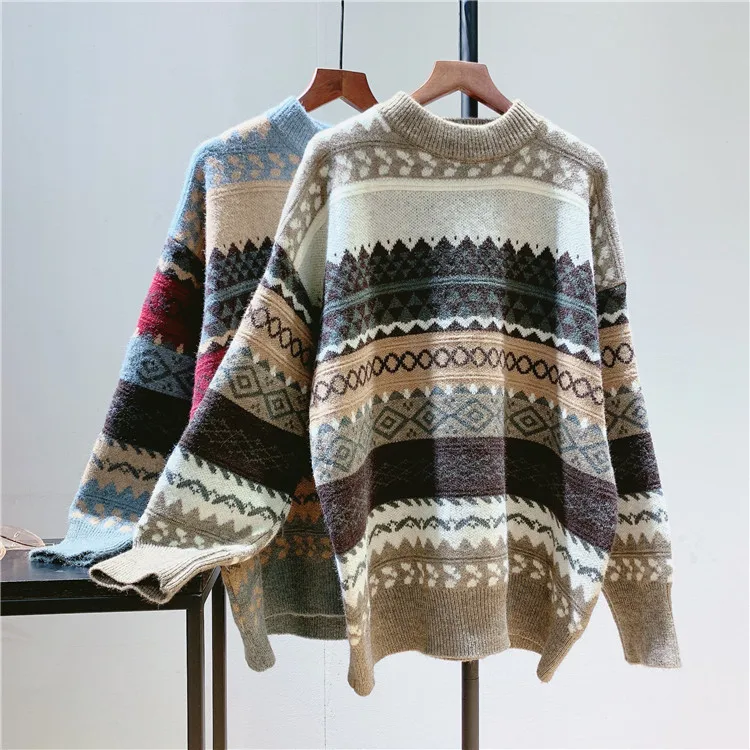 

2022 Autumn And Winter Women's Literary And Ethnic Style Contrast Knitwear Top New Retro Student Pullover Sweater