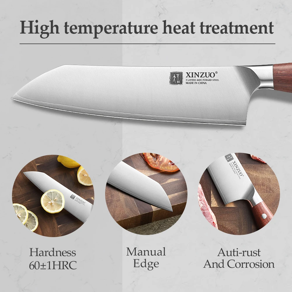 Фото Нож XINZUO Santoku 7,1 дюйма с ручкой из высококачественной красной древесины, 3-слойная композитная сталь, нержавеющая сталь, твердость сердцевины 440C. №5