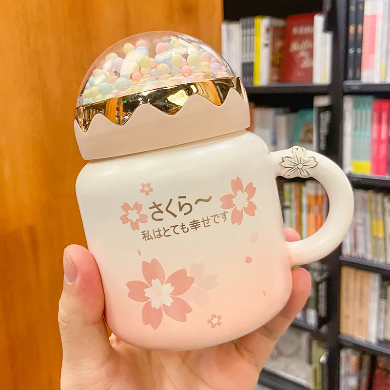 

Japanese Cherry Blossom Mugs Mirror Pink Girl Travel Ceramic Cup, Creative Simple StarBuck Gift Cup