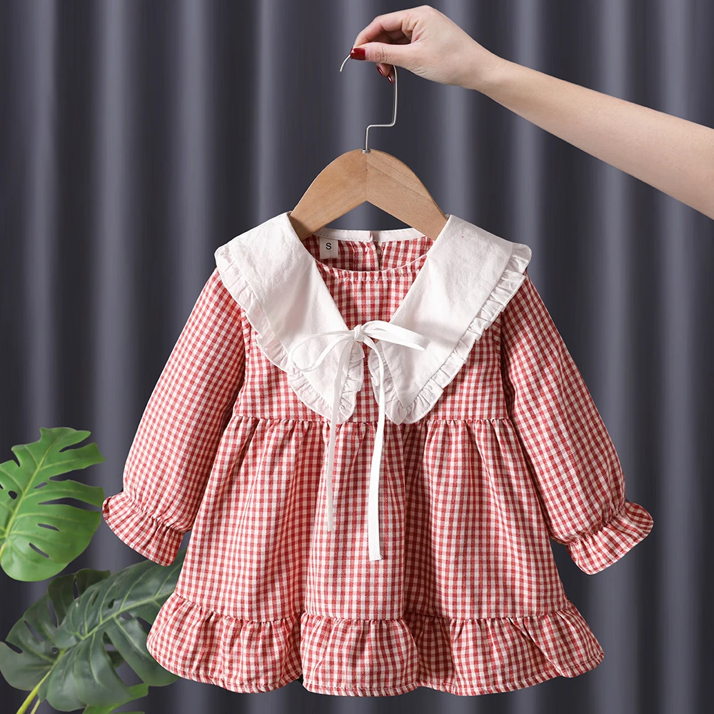 Платье детское клетчатое с оборками мягкая хлопковая одежда воротником-стойкой