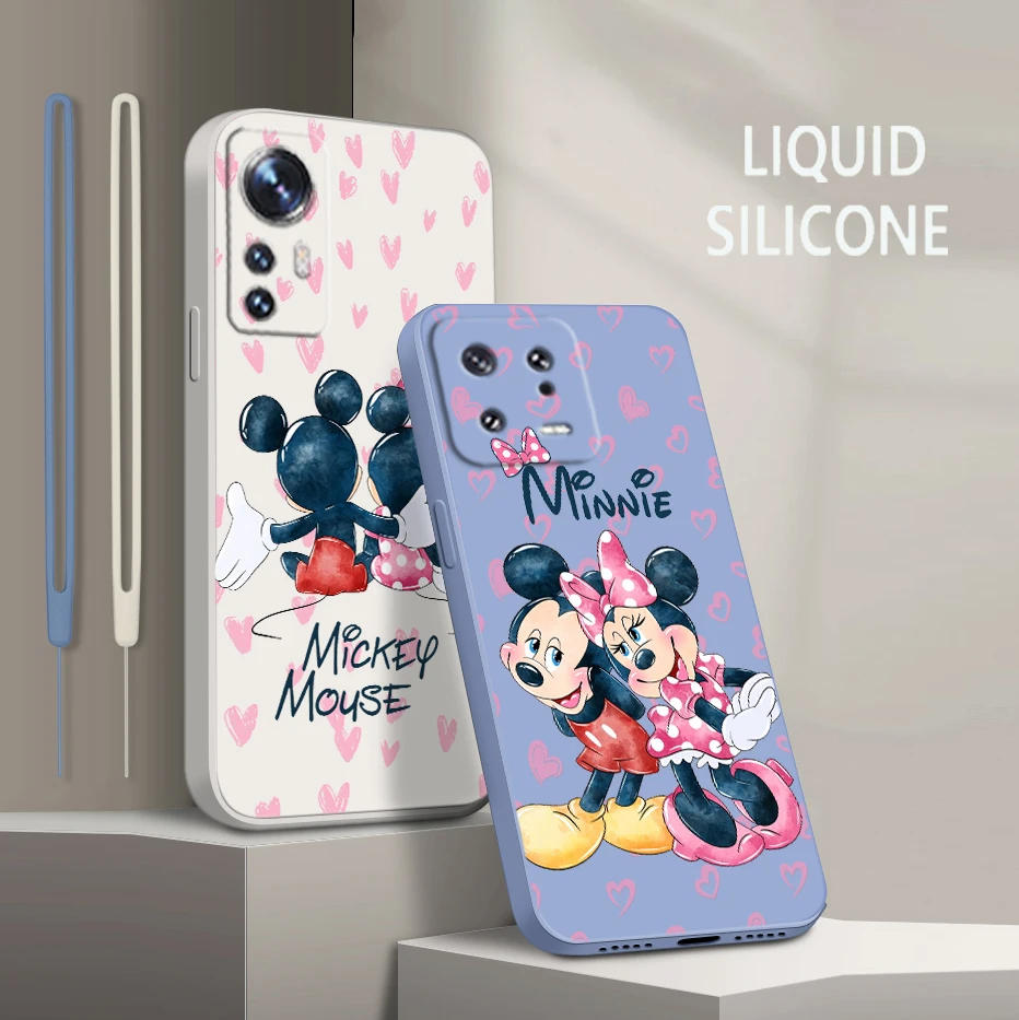 

Love Mickey Minnie For Xiaomi Mi 13 12 12T 11 11T 10 10T 9 9SE Lite Pro Ultra A3 Liquid Rope Silicone Phone Case Coque Capa